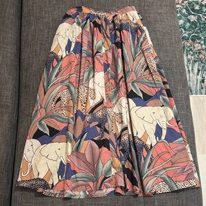Vintage Safari Print Midi Skirt Alexander Henry Elephants Leopard Jungle Art